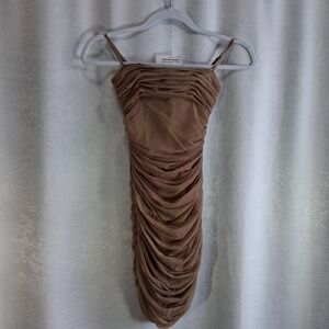 BABATON Mini Dress Ruched Mesh Spaghetti Strap Tan A12